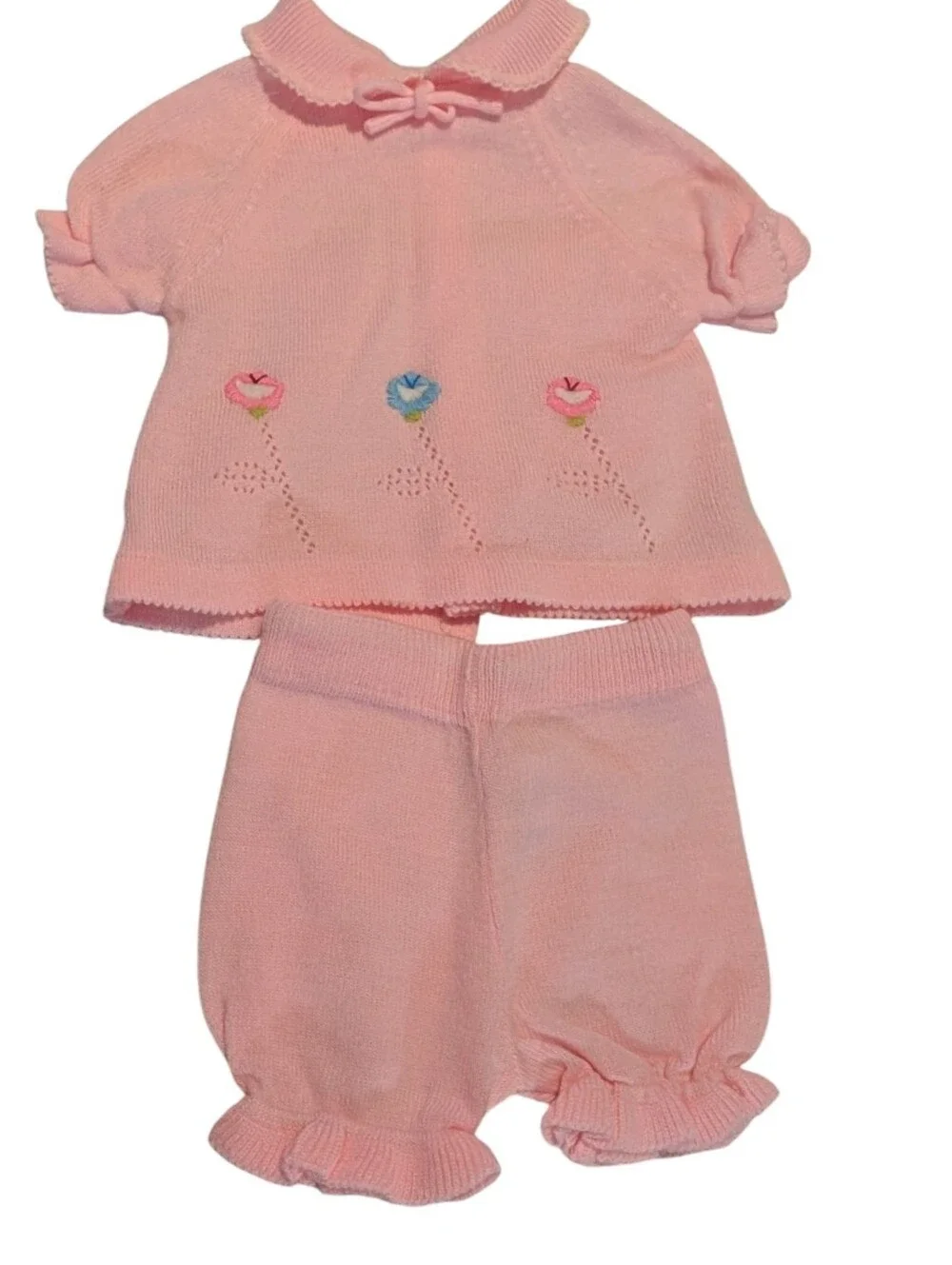 70s 80s Vintage Baby Infant Pink Knit Embroidered Floral Outfit